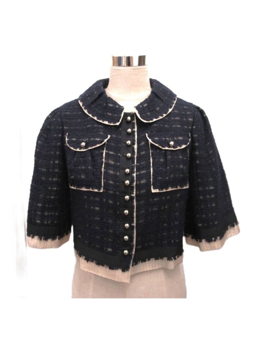 Louis Vuitton 07 Tweed Short Jacket Suit Fringe Glitter Metal Button S Navy 34
